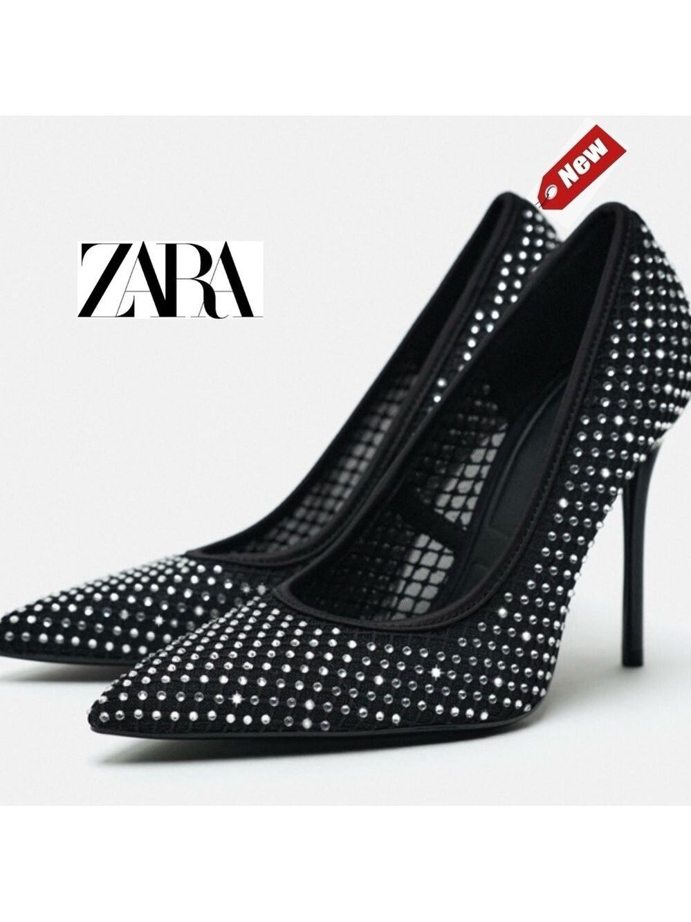 Zara black rhinestone jewelled embellished hotfix pointed toe mesh stiletto heel